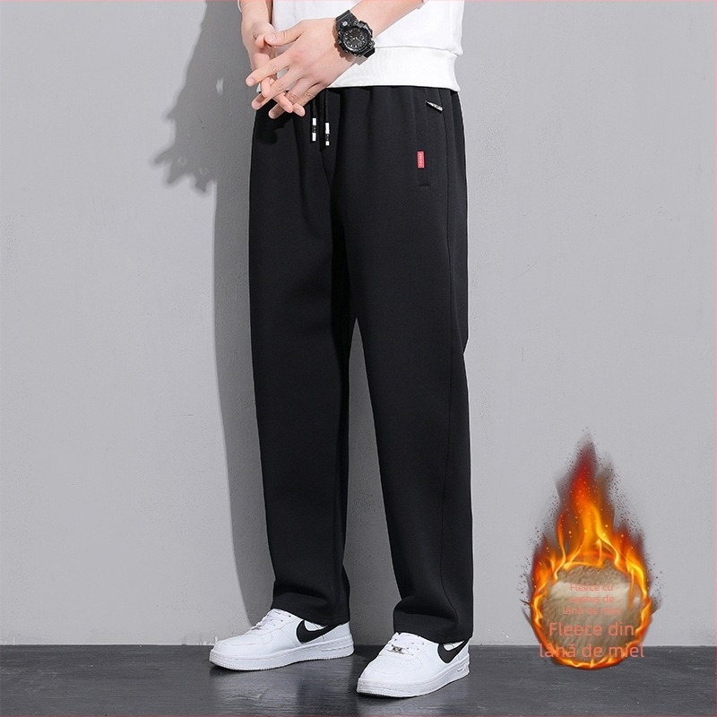 Pantaloni casual bărbați cu fleece, croială dreaptă lejeră, groși pentru toamnă și iarnă