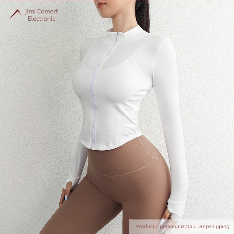 Top sport pentru femei cu guler înalt – mâneci lungi, uscare rapidă, croială slim, cu fermoar pentru yoga