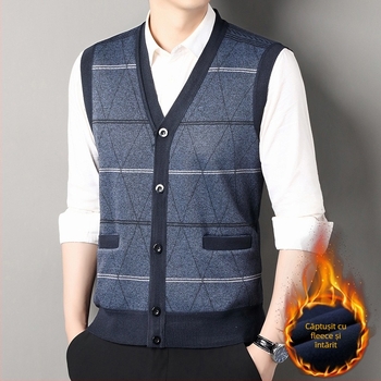Vesta cardigan pentru bărbați, tricot în dungi, croială lejeră, viscoză, căptușită cu fleece