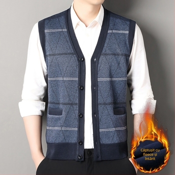 Vesta cardigan pentru bărbați, tricot în dungi, croială lejeră, viscoză, căptușită cu fleece