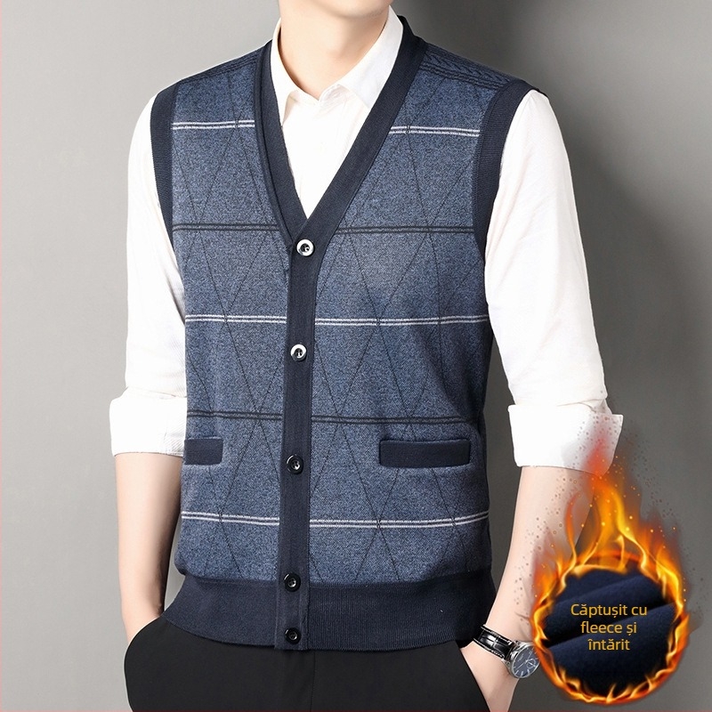 Vesta cardigan pentru bărbați, tricot în dungi, croială lejeră, viscoză, căptușită cu fleece