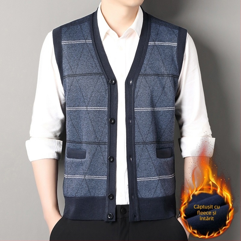 Vesta cardigan pentru bărbați, tricot în dungi, croială lejeră, viscoză, căptușită cu fleece