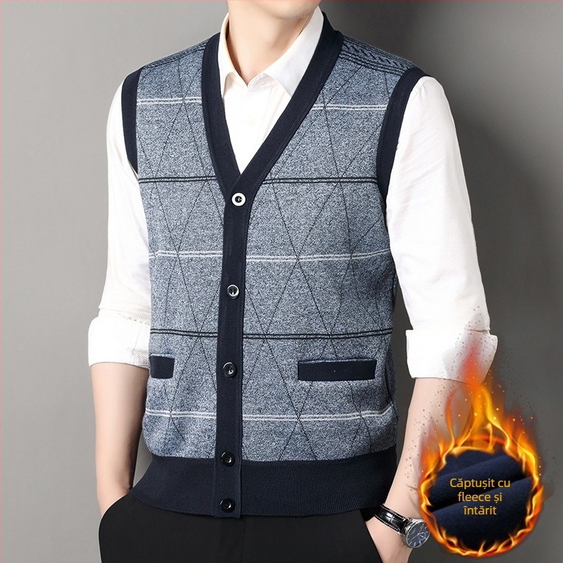 Vesta cardigan pentru bărbați, tricot în dungi, croială lejeră, viscoză, căptușită cu fleece