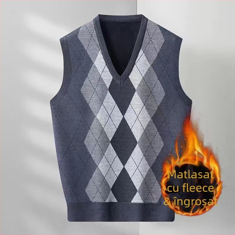 Vesta bărbați fără mâneci, guler în V, model în carouri, din amestec de lână, croială lejeră
