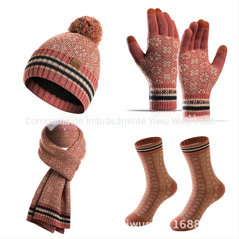 Set feminin din patru piese: pălărie, fular, mănuși și șosete, fibră acrilică, tricot Jacquard, pentru iarnă