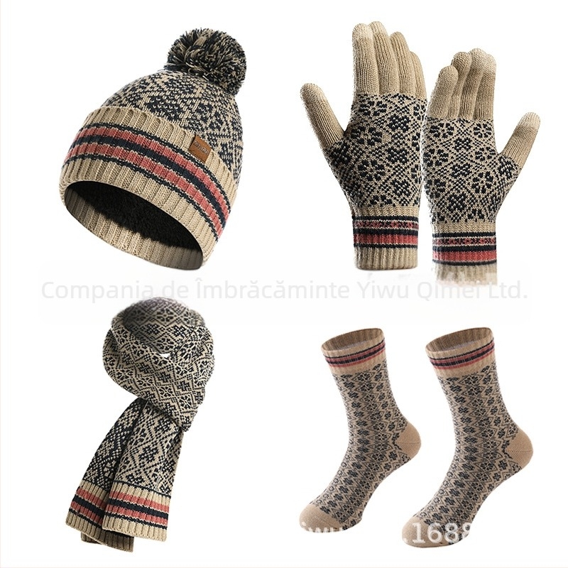 Set feminin din patru piese: pălărie, fular, mănuși și șosete, fibră acrilică, tricot Jacquard, pentru iarnă