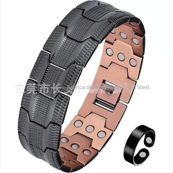 Brățară pentru bărbați cu design retro în trei rânduri, magnet complet, din cupru roșu, finisaj Seiko