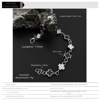 Brățară Jiubai din oțel titan cu cruce geometrică, unisex, finisaj polizat, 14,5 g