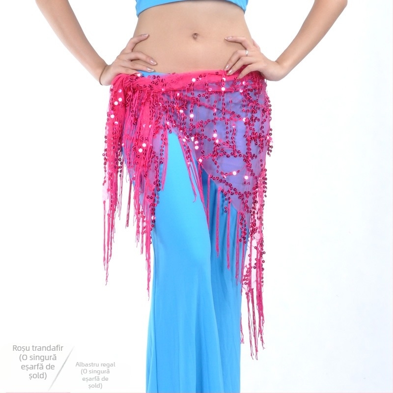 Îmbrăcăminte Belly dance cu paiete și ciucuri, plasă din nailon 100%, căptușeală nylon 100%, unisex adult