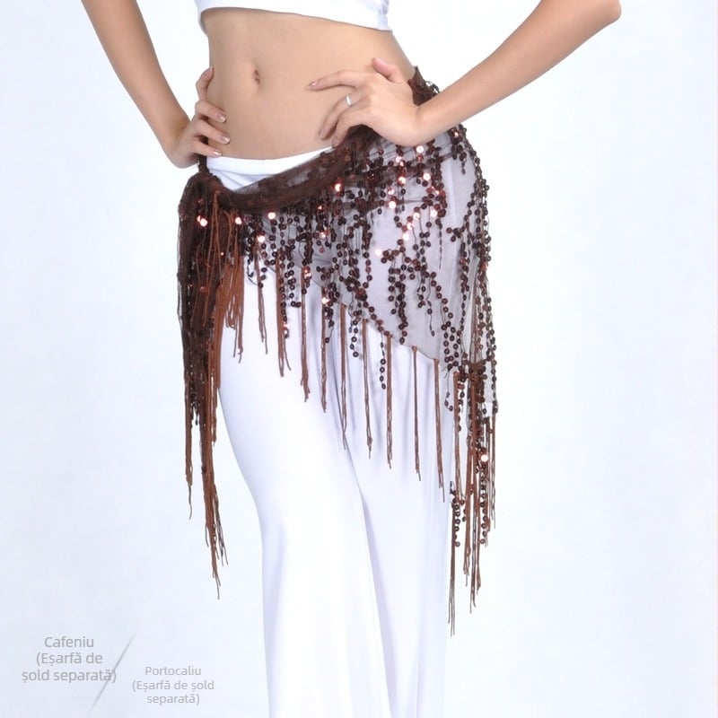 Îmbrăcăminte Belly dance cu paiete și ciucuri, plasă din nailon 100%, căptușeală nylon 100%, unisex adult