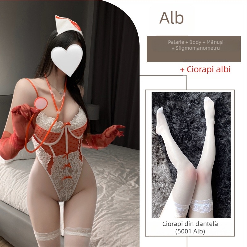 Costum-bodi pentru rol infirmieră cu dantelă, panouri din plasă, funda, design transparent în formă de inimă, pălărie de asistentă