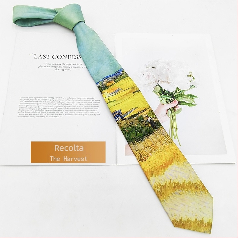 Cravată poliester‑satîn cu imprimare în stil pictură în ulei, unisex, stil modern, 8×145 cm