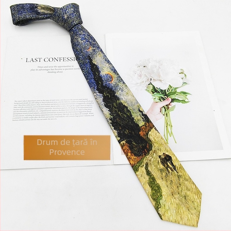 Cravată poliester‑satîn cu imprimare în stil pictură în ulei, unisex, stil modern, 8×145 cm