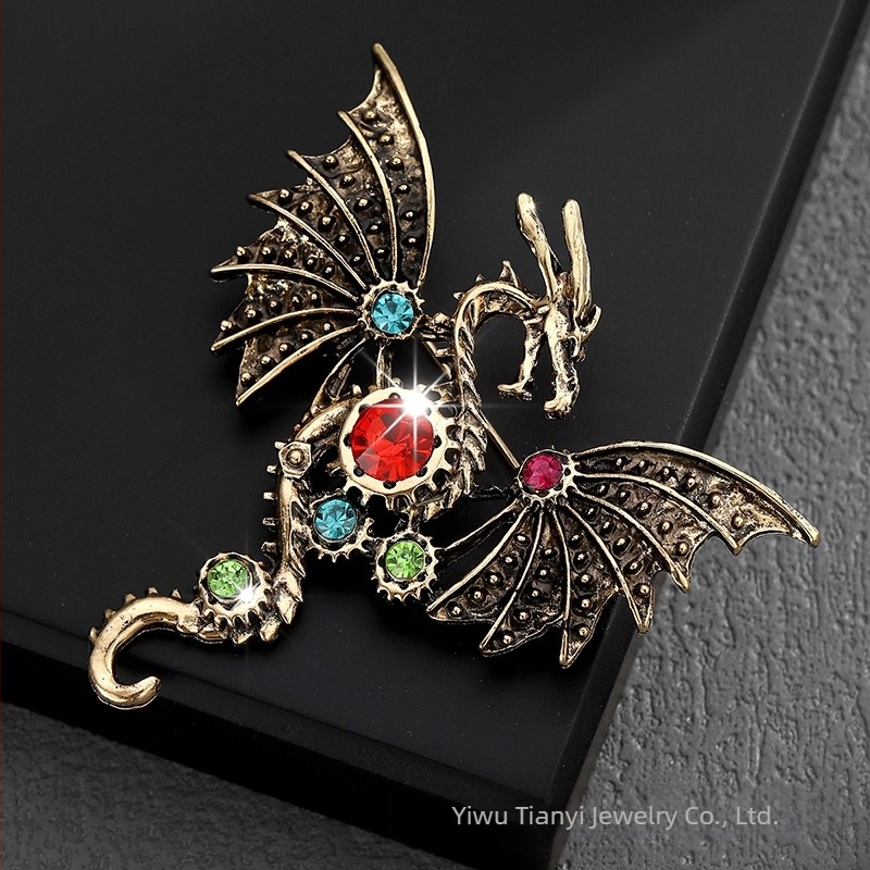 Broșă din aliaj, încrustată cu diamante, motiv dragon zburător desen animat, unisex, accesoriu de modă