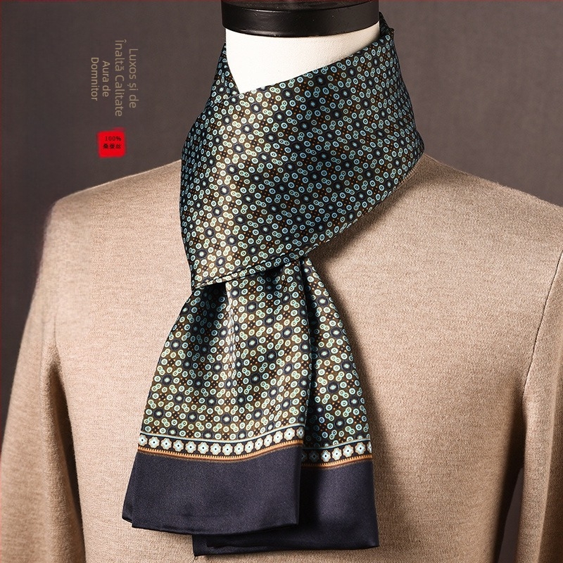 Șal masculin din mătase mulberry, lung, țesătură plată, stil modern pentru naveta zilnică, primăvara 2025