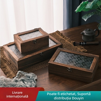 Cutie de depozitare pentru birou - din lemn, anti-praf, model cu dungi, capacitate 1 L, stil chinez nou