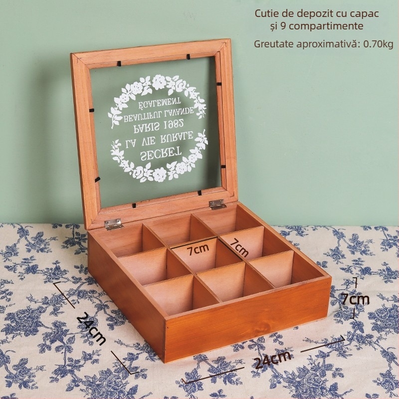 Cutie de depozitare pentru birou - din lemn, anti-praf, model cu dungi, capacitate 1 L, stil chinez nou