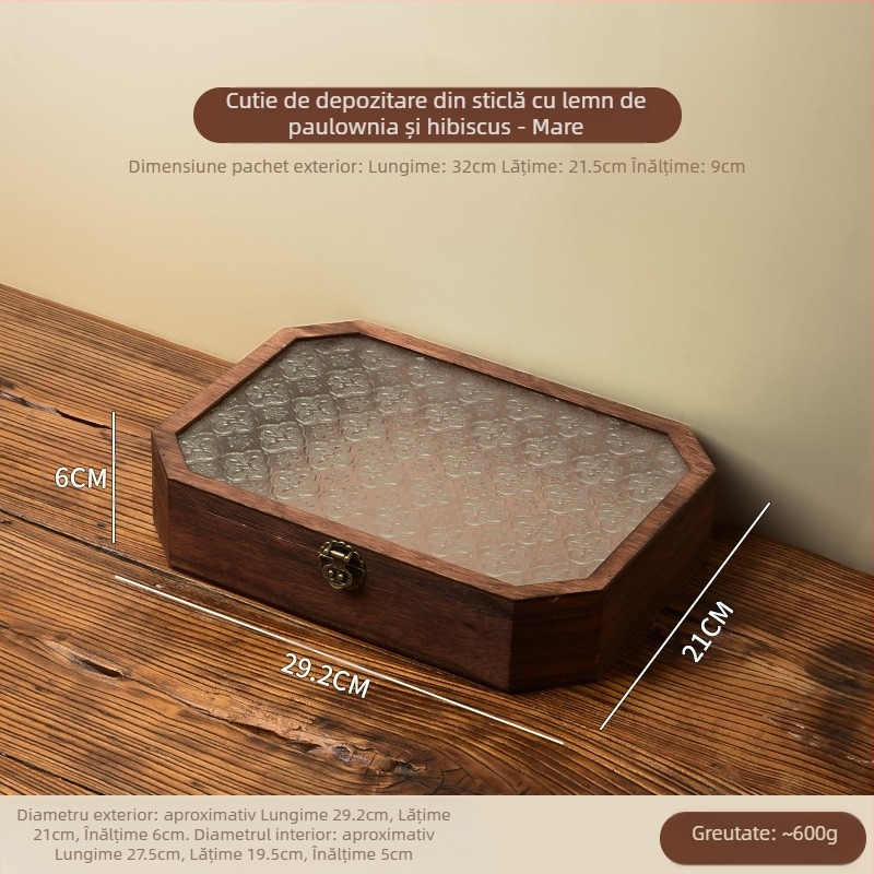 Cutie de depozitare pentru birou - din lemn, anti-praf, model cu dungi, capacitate 1 L, stil chinez nou