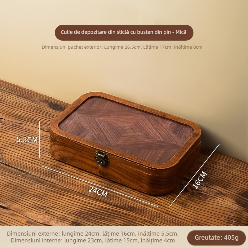 Cutie de depozitare pentru birou - din lemn, anti-praf, model cu dungi, capacitate 1 L, stil chinez nou