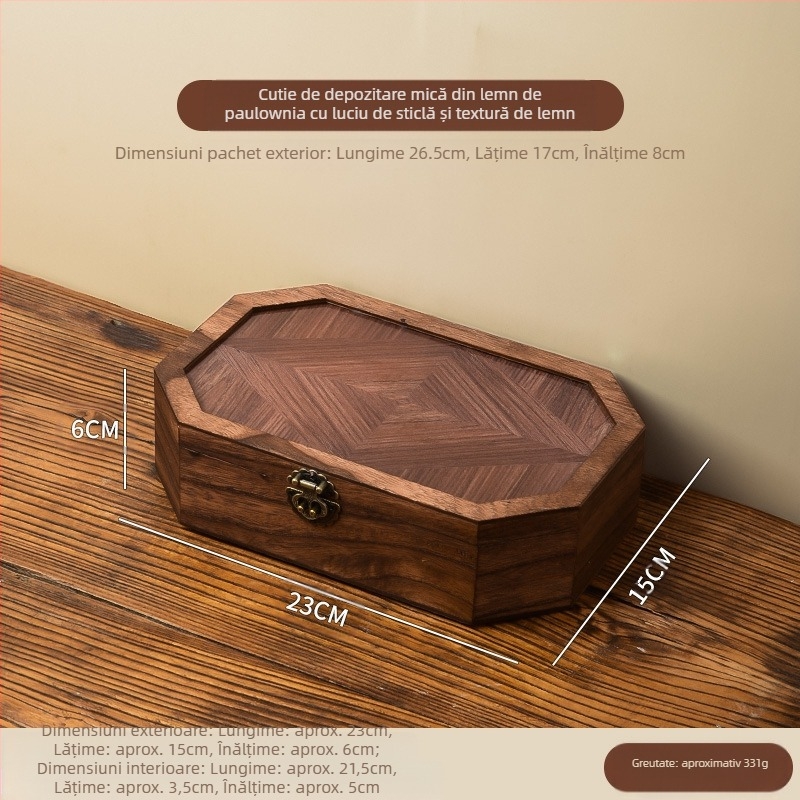 Cutie de depozitare pentru birou - din lemn, anti-praf, model cu dungi, capacitate 1 L, stil chinez nou