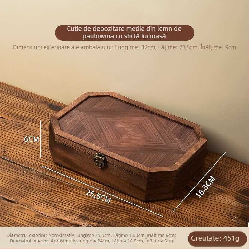 Cutie de depozitare pentru birou - din lemn, anti-praf, model cu dungi, capacitate 1 L, stil chinez nou