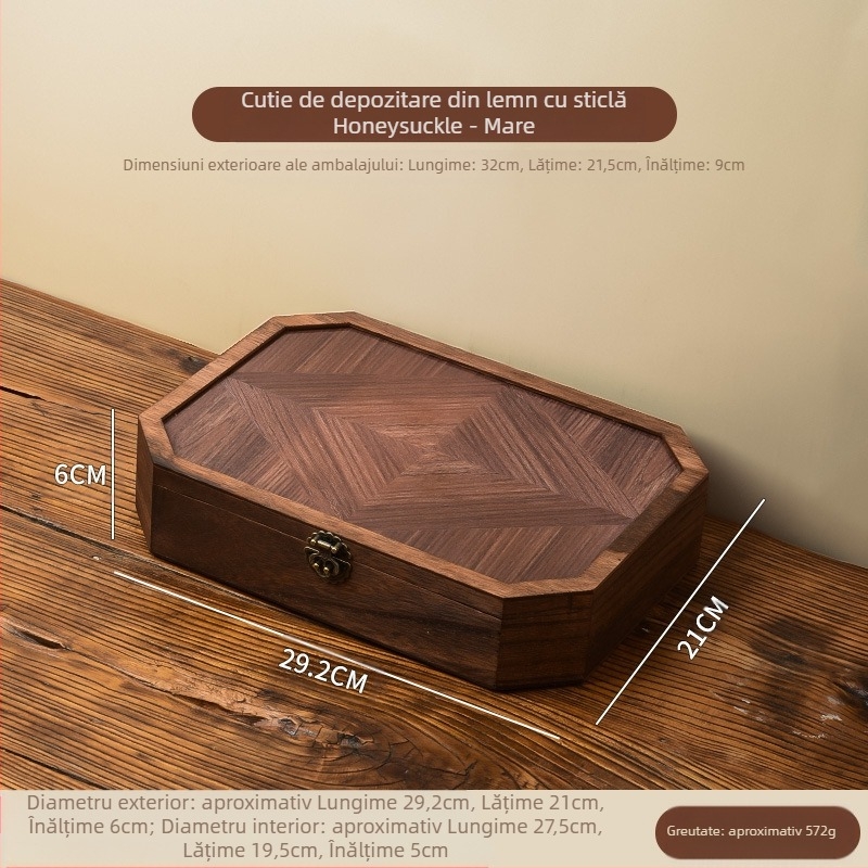 Cutie de depozitare pentru birou - din lemn, anti-praf, model cu dungi, capacitate 1 L, stil chinez nou