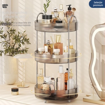 Organizator cosmetic rotativ pentru masă – plastic, montaj fără găuri, design modern minimalist
