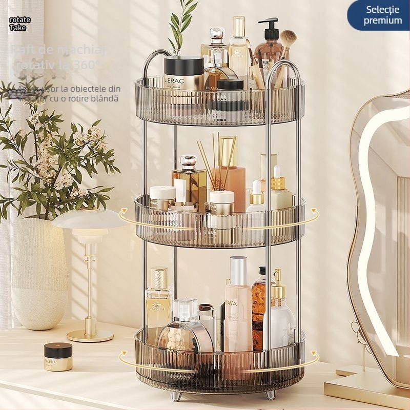 Organizator cosmetic rotativ pentru masă – plastic, montaj fără găuri, design modern minimalist