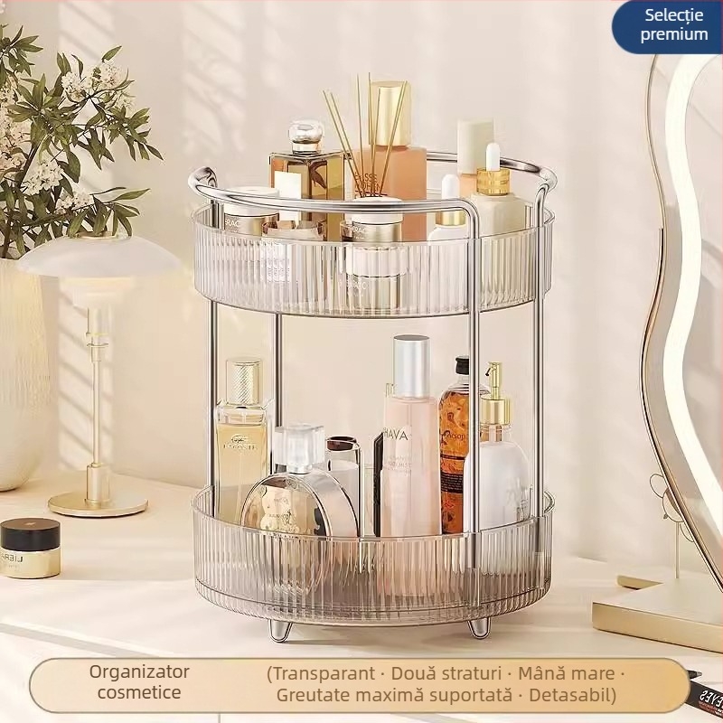 Organizator cosmetic rotativ pentru masă – plastic, montaj fără găuri, design modern minimalist
