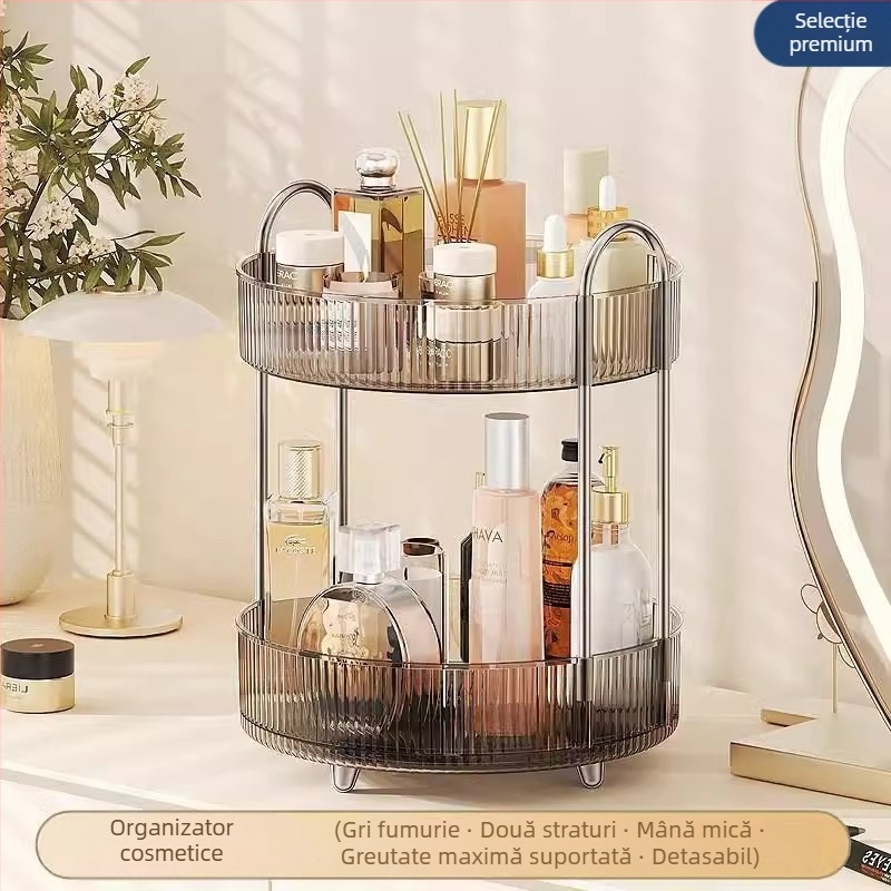 Organizator cosmetic rotativ pentru masă – plastic, montaj fără găuri, design modern minimalist