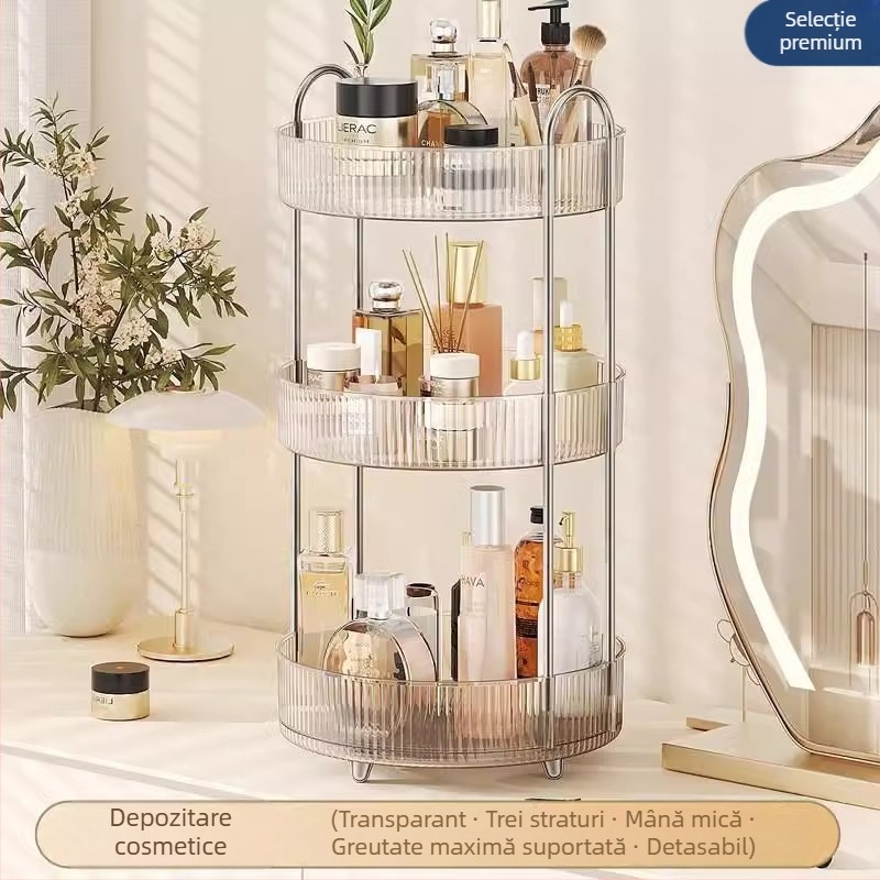 Organizator cosmetic rotativ pentru masă – plastic, montaj fără găuri, design modern minimalist