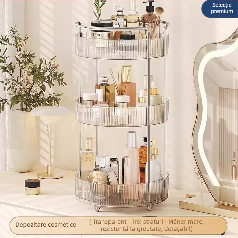 Organizator cosmetic rotativ pentru masă – plastic, montaj fără găuri, design modern minimalist
