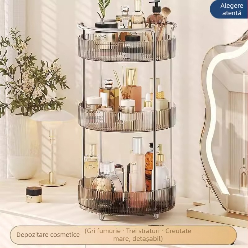 Organizator cosmetic rotativ pentru masă – plastic, montaj fără găuri, design modern minimalist