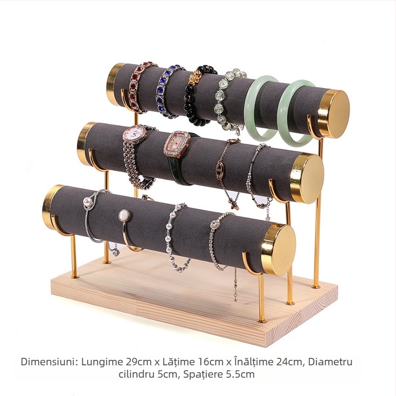 Suport pentru brățări din lemn, cu trei niveluri, design în trepte, organizator bijuterii