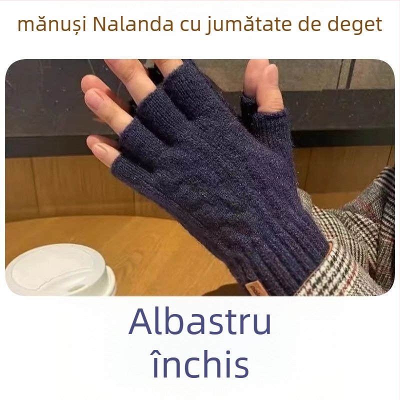 Mănuși tricotate cu degete jumătate – compatibile cu ecran tactil, calde, rezistente la vânt, jacquard, uni culoare, iarnă