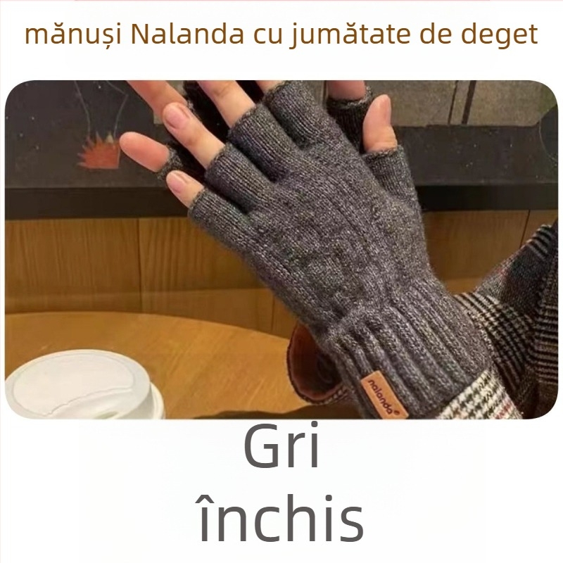 Mănuși tricotate cu degete jumătate – compatibile cu ecran tactil, calde, rezistente la vânt, jacquard, uni culoare, iarnă