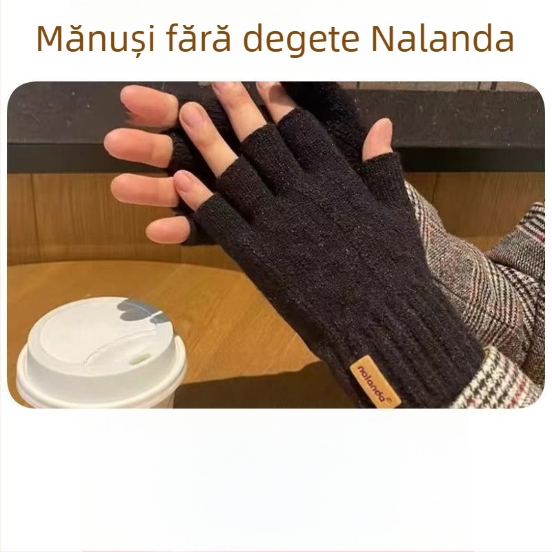 Mănuși tricotate cu degete jumătate – compatibile cu ecran tactil, calde, rezistente la vânt, jacquard, uni culoare, iarnă