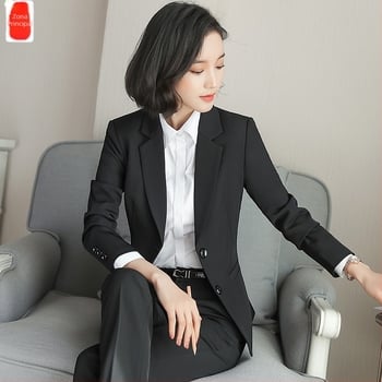 Costum femei pentru birou: sacou cu două nasturi, buzunar drept, mâneci lungi, țesătură poliester-spandex, căptușeală 100% poliester, stil OL (primăvară, toamnă, iarnă)