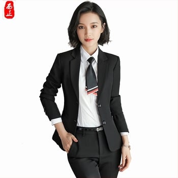 Costum femei pentru birou: sacou cu două nasturi, buzunar drept, mâneci lungi, țesătură poliester-spandex, căptușeală 100% poliester, stil OL (primăvară, toamnă, iarnă)