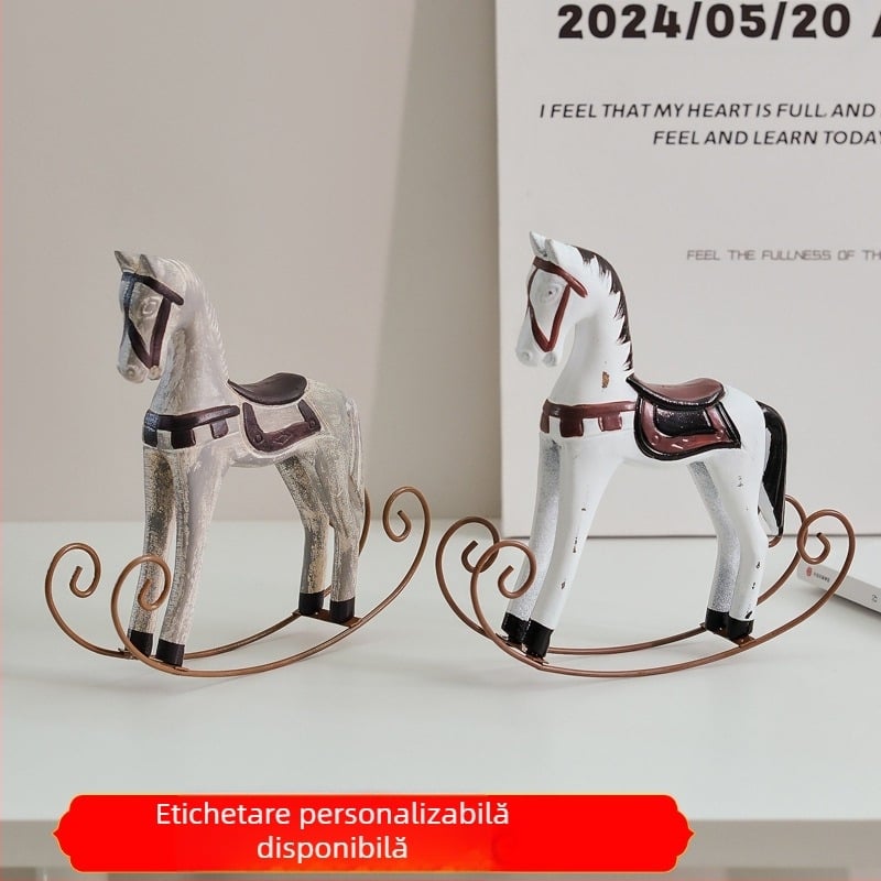 Ocean breeze Căluț de lemn care se leagănă – ornament de masă Nordic vintage pentru casă și camera copiilor