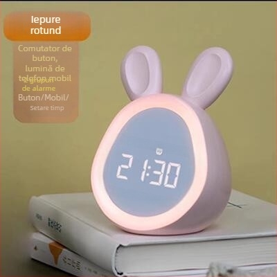 Ceas deșteptător în formă de iepuraș, afișaj LED cu cifre, alimentare cu baterii, stil desen animat, lumină de noapte