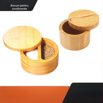 Recipient de condimente din bambus cu linguriță și solniță, recipient de bucătărie cu capac magnetic rotativ, imprimare logo posibil
