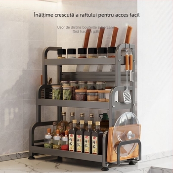 Raft pentru condimente cu suport pentru bețișoare și cuțite, pentru blat, din oțel carbon, cu mai multe niveluri, design fără găuri, stil modern minimalist