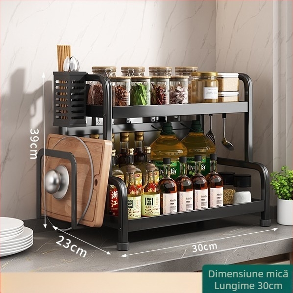 Raft pentru condimente cu suport pentru bețișoare și cuțite, pentru blat, din oțel carbon, cu mai multe niveluri, design fără găuri, stil modern minimalist