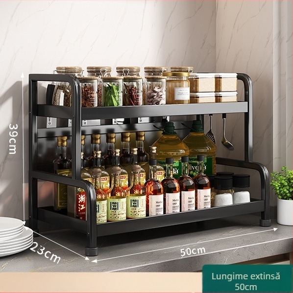 Raft pentru condimente cu suport pentru bețișoare și cuțite, pentru blat, din oțel carbon, cu mai multe niveluri, design fără găuri, stil modern minimalist