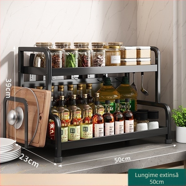 Raft pentru condimente cu suport pentru bețișoare și cuțite, pentru blat, din oțel carbon, cu mai multe niveluri, design fără găuri, stil modern minimalist