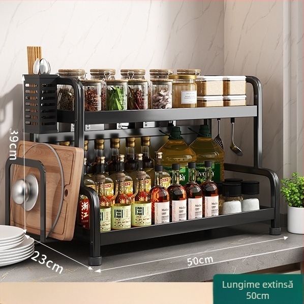 Raft pentru condimente cu suport pentru bețișoare și cuțite, pentru blat, din oțel carbon, cu mai multe niveluri, design fără găuri, stil modern minimalist
