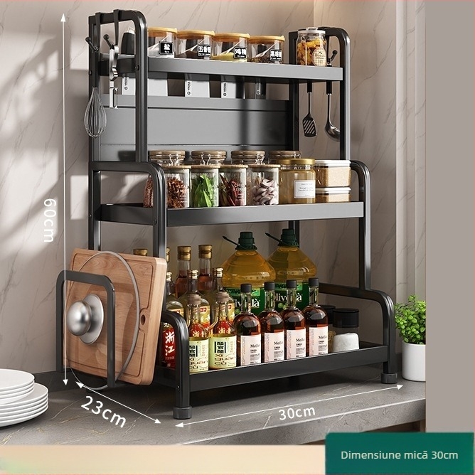 Raft pentru condimente cu suport pentru bețișoare și cuțite, pentru blat, din oțel carbon, cu mai multe niveluri, design fără găuri, stil modern minimalist