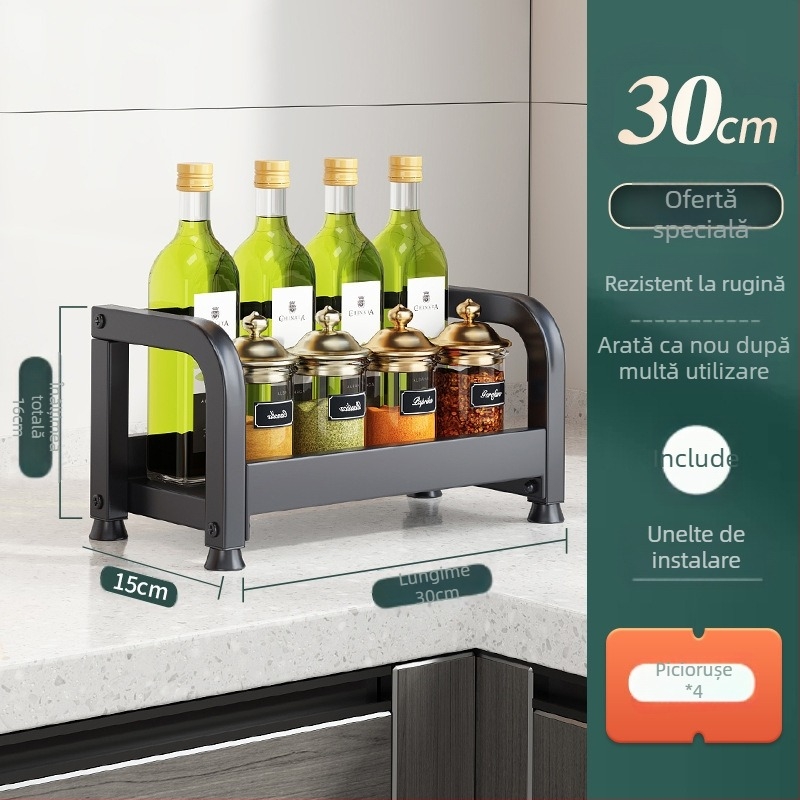 Raft pentru condimente cu suport pentru bețișoare și cuțite, pentru blat, din oțel carbon, cu mai multe niveluri, design fără găuri, stil modern minimalist