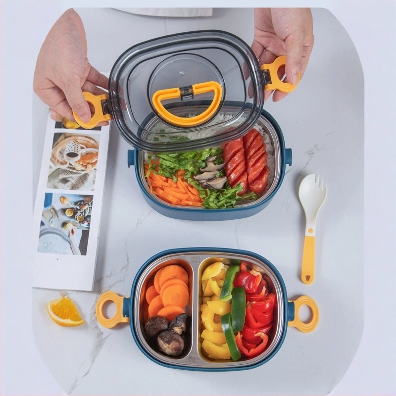 Cutie de prânz din plastic, izolație în trei straturi, formă pătrată, capacitate 0.8–2 L, incompatibilă cu cuptorul cu microunde.